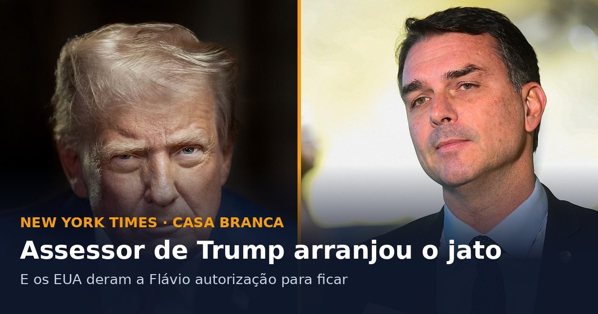 Montagem com fotos de Donald Trump, à esquerda, e Flávio Bolsonaro, à direita, com o texto: assessor de Trump arranjou o jato