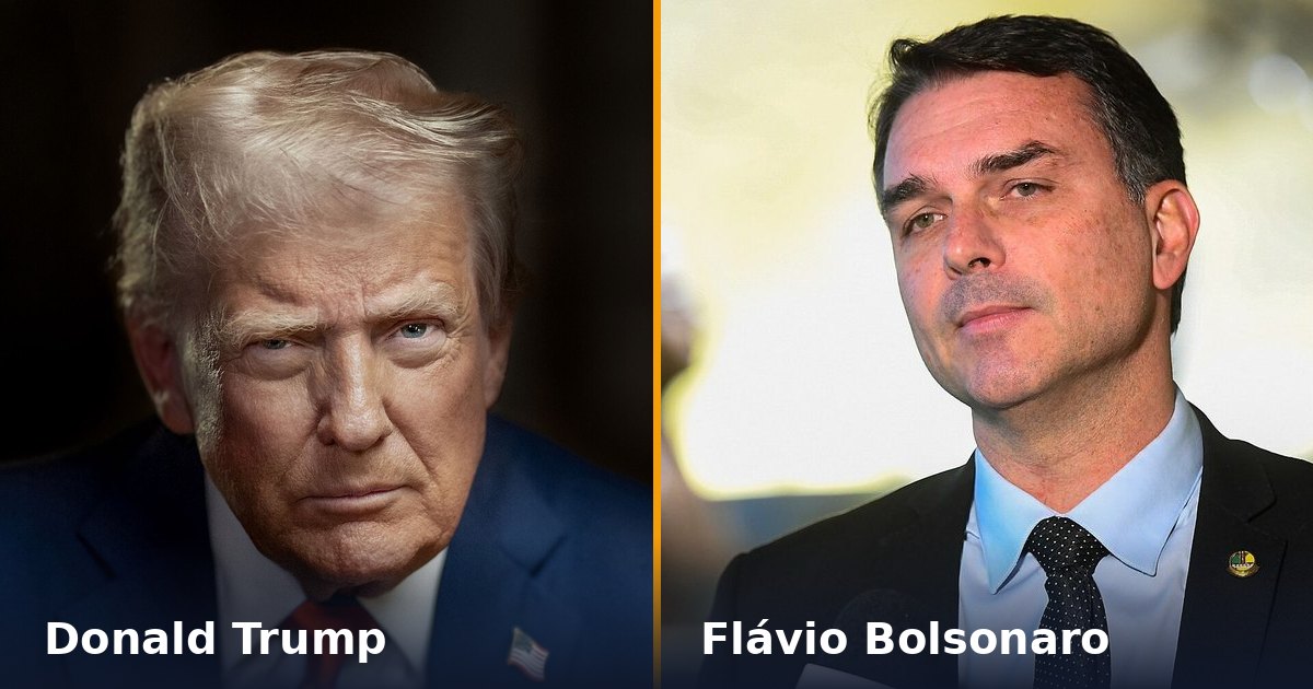 Montagem com fotos de Donald Trump, à esquerda, e Flávio Bolsonaro, à direita